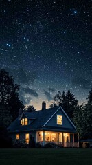 Dramatic Night View of Home Exterior Illuminated by Stars and Moon