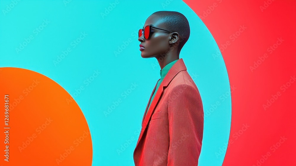Fototapete stylish model in tailored blazer with sharp angular lines against vibrant background