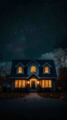Dramatic Night View of Suburban Home Illuminated by Stars