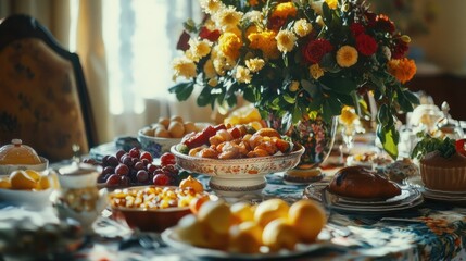 Fresh fruit and bakery items on wooden table