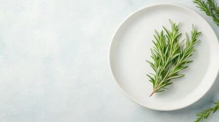 Rosemary's Delicate Touch: A sprig of fresh rosemary, in its vibrant green glory, elegantly rests on a pristine white plate, offering a minimalist aesthetic and culinary promise.