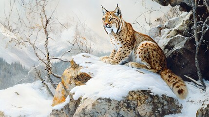 A lynx perched on a snowy rock