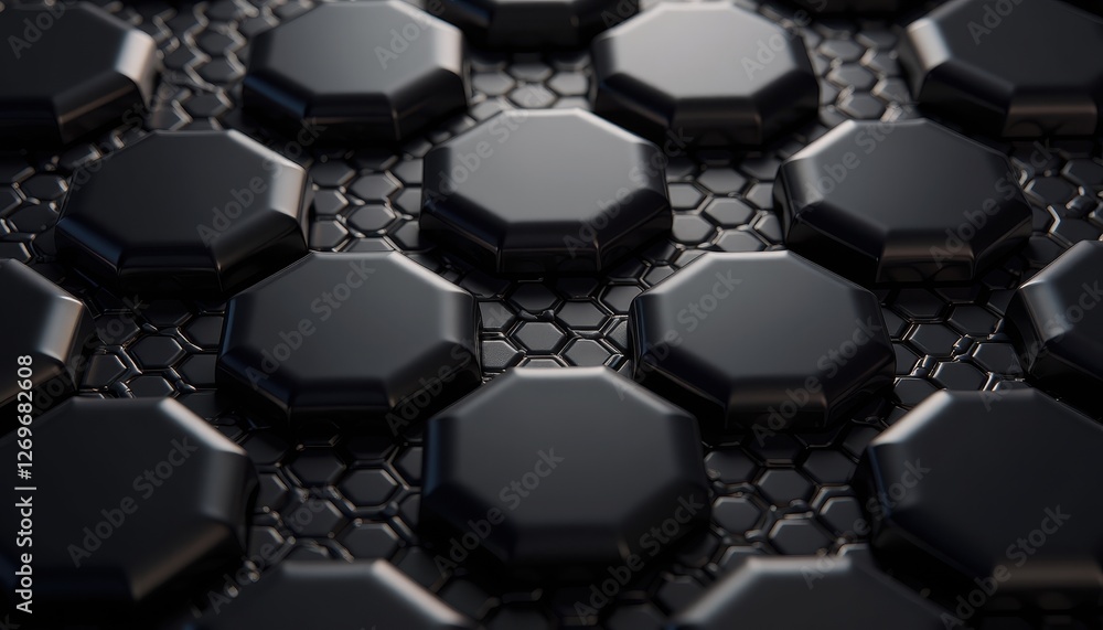 Poster closeup hexagonal metal surface with black hexagons unique design inspiration. a close up view of a 