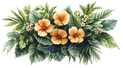 Fototapeta premium Watercolor tropical flowers, leaves, arrangement, design, isolated, white background, greeting card.