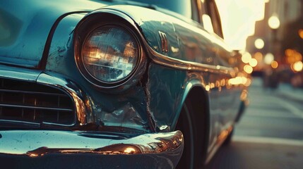Dramatic Classic Car Scene with Dent and Sunset Reflections