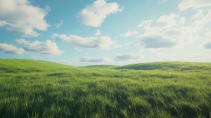 Obraz premium Green Grass Field on Rolling Hills with Dramatic Clouds and Blue Sky for Nature-Inspired Campaigns