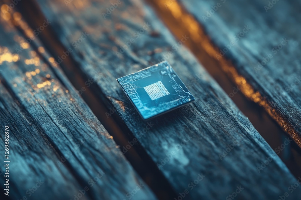 Poster a single microchip rests on a dark wooden surface, showcasing intricate circuitry and technological 