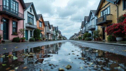 Fototapeta premium Kids jumping in puddles, Coastal town streets with ocean view small reflecting puddles under cloudy sky photorealistic.