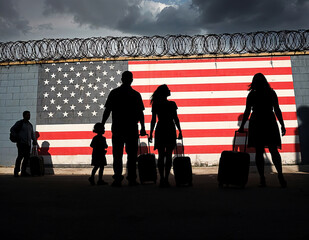 United States flag. Refugees near barbed wire fence. Immigrants used as a political weapon for Hybrid