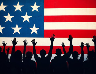 United States migrant crisis and US immigration or USA refugee concept as people on a border wall with an American flag as a social issue about illegal aliens or immigrants camp