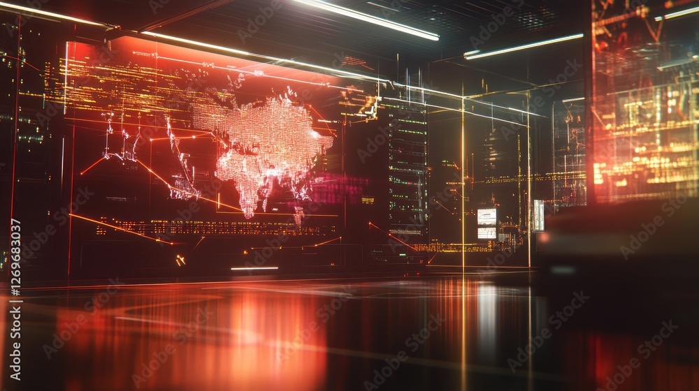 Poster world map displayed in a futuristic digital control room