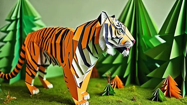 Paper Tiger Exploring Origami Forest 4K loop features an A.I. generated video of a striped origami folded paper tiger in a paper forest looking around in a loop. 