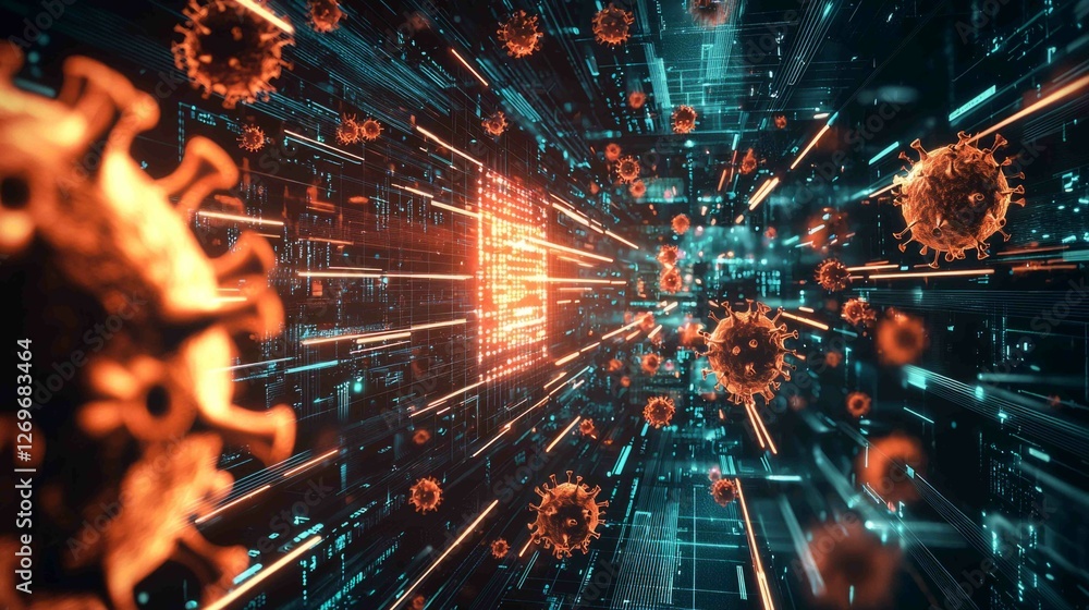 Poster dramatic virtual firewall scene in action with cybersecurity elements