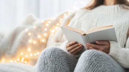 Cozy Indoor Reading Scene with Person in Sweater Holding Book While Sitting in Comfortable Armchair Surrounded by Soft Lights