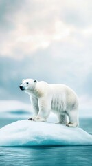 Fototapeta premium Arctic Majesty: A regal polar bear stands atop an iceberg, the vast expanse of the Arctic Ocean and sky providing a dramatic backdrop to this symbol of the icy wilderness. 