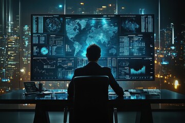 Business Analyst Interpreting Data Visualization at Night in Modern Office Setting