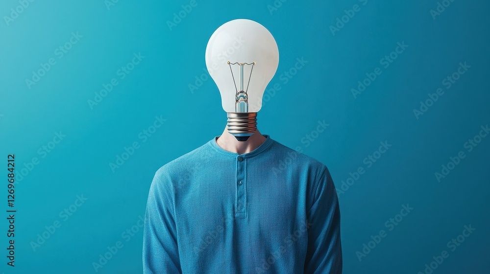 Poster person with a light bulb head in a minimalist setting expressing unique concepts and creative ideas