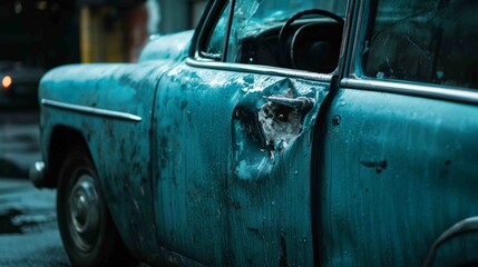 Dramatic Vintage Car Door with Dent and Weathered Paint