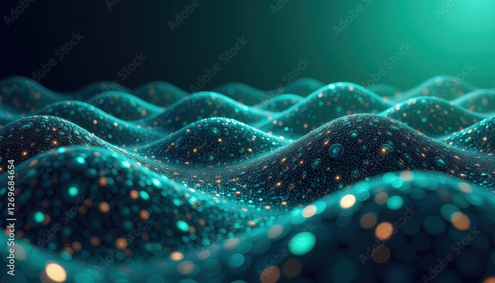 Poster mesmerizing abstract digital artwork: wavy waves gradient from deep blue to vibrant green. a close u