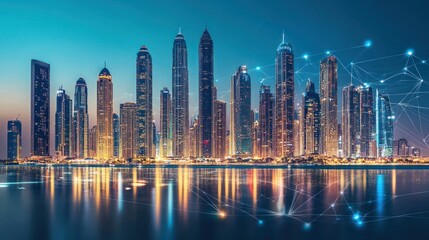 Fototapeta premium Futuristic Dubai Skyline at Night with Digital Network Overlay