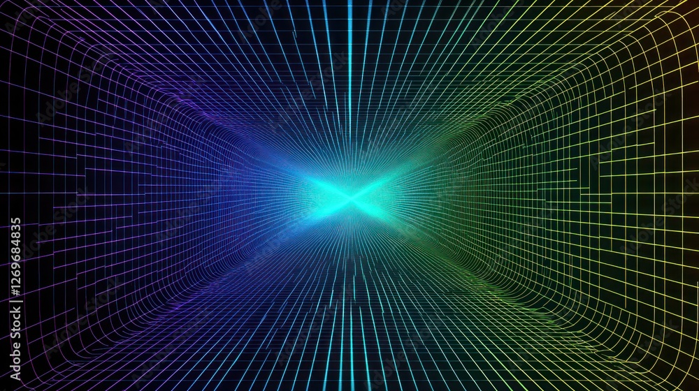 Poster colorful gradient wireframe tunnel: an abstract dimensional journey