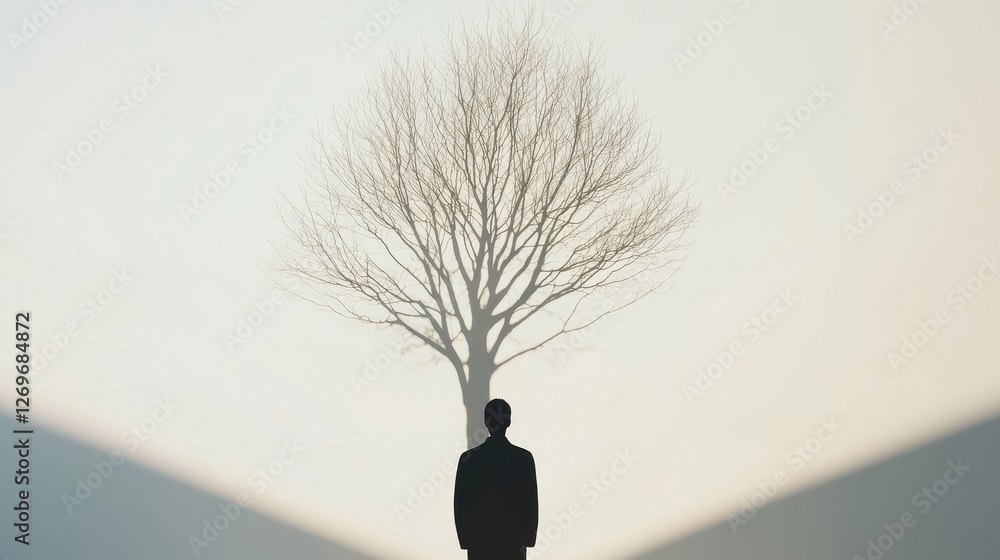 Poster silhouette of a person with their shadow casting a tree on a minimalist background