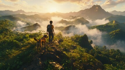 Obraz premium Hiker and Dog Exploring Majestic Mountain Trails at Sunrise with Dramatic Clouds and Vibrant Foliage