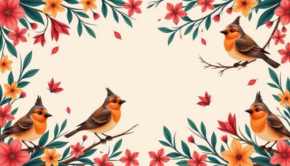 Vibrant Birds Painting with Flowers and Leaves: Orange, Black, White Birds Against Soft Cream Background. A group of birds sitting on a branch surrounded by flowers.