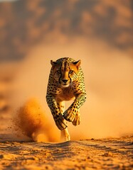 cheetah running through the desert with fire and dust swirling around