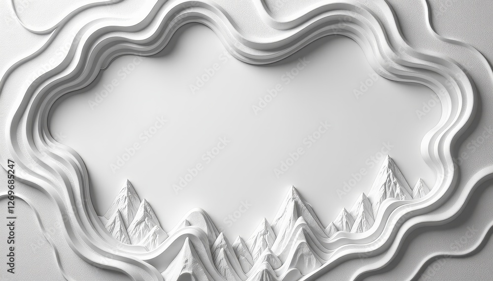 Poster 3d paper cut artwork of a mountain range on a pure white background: intricate peaks and valleys. a 