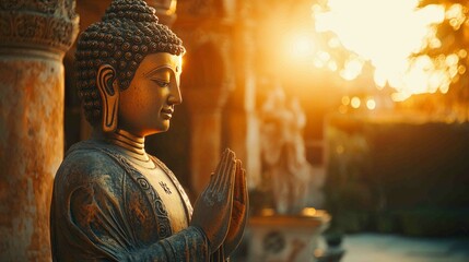 Dramatic Sunrise Illuminates Golden Statue with Peaceful Expression