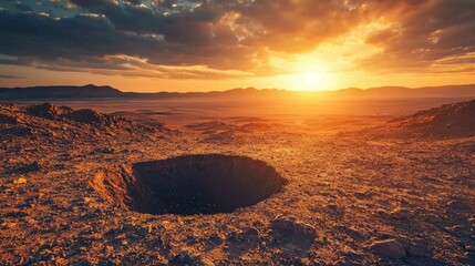 Dramatic Sunset Over Desert Landscape with Meteorite Impact Crater