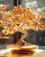 Illustration of Golden Bonsai Tree with Gold Leaves Symbolizing Wealth and Prosperity Concepts