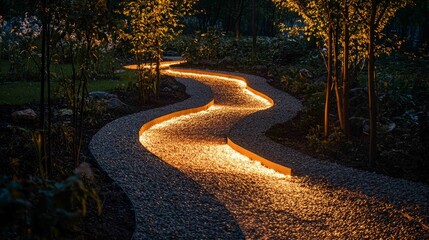 Obraz premium Illuminated Gravel Pathway in Dramatic Twilight Scene