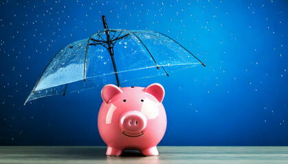 Pink piggy bank with umbrella under raindrops, saving for a rainy day concept