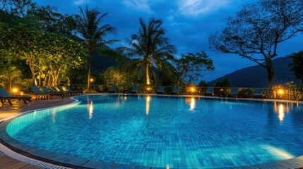 Idyllic Tropical Resort Swimming Pool at Dusk with Lush Greenery