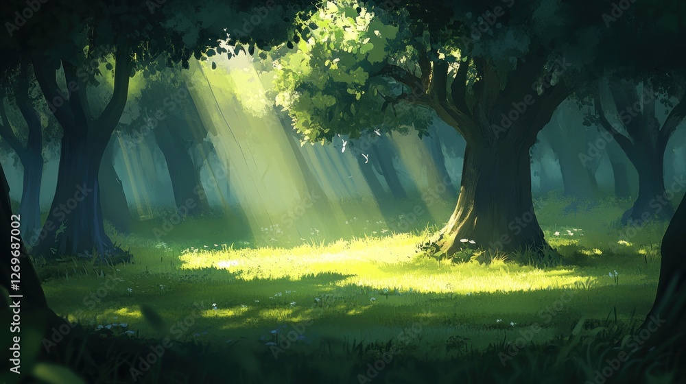 Poster Sunlight streams through the trees in a lush forest