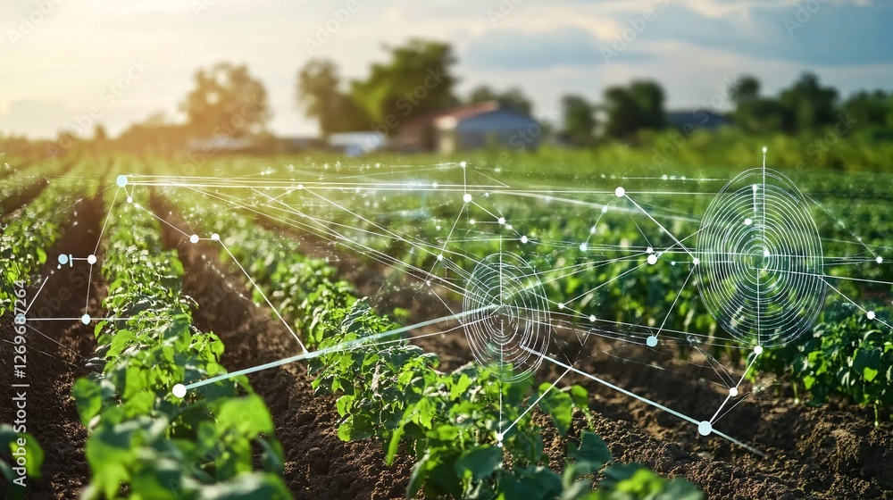 Poster Technology connecting data points over crops growing in farm field