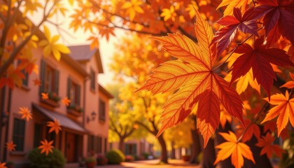 Vibrant Autumn Scene: Red Maple Leaves Against Modern Architecture, Green Trees, and Clear Sky. autumn leaves in the foreground, with buildings in the background