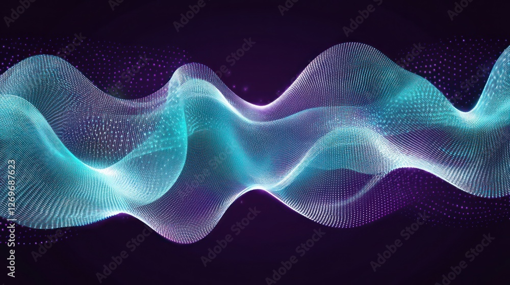 Poster abstract digital waveform with particle flow in teal and purple hue