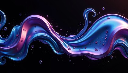 Mesmerizing Digital Art: Swirling Blue and Purple Water Droplets on a Black Canvas. A vibrant blue and purple liquid wave with bubbles on a black background.