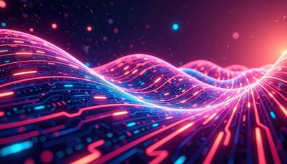 Vibrant Futuristic Digital Artwork: Swirling Pink, Blue, and Purple Neon Patterns. A vibrant, neonlit digital artwork of a digital circuit board.