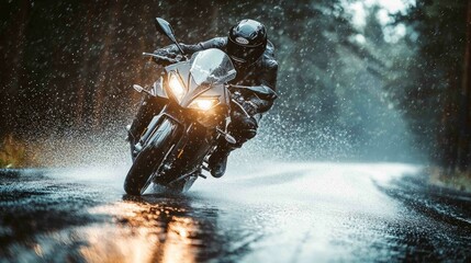 Dynamic Action Shot of Motorcycle Speeding Through Rainy Road