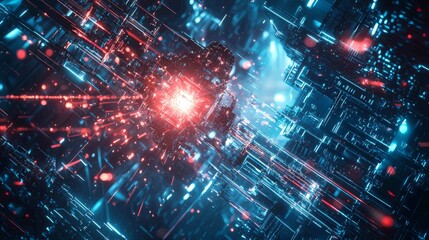 Obraz premium Dynamic Futuristic Scene with Cyber Warriors Battling in Neon Space