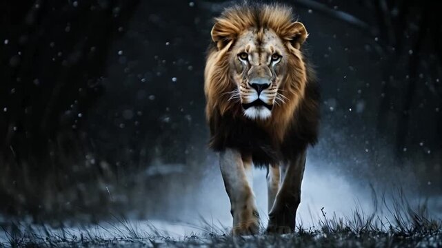 Scene of lion walking on dark background, smooth repeating motion for background video animation