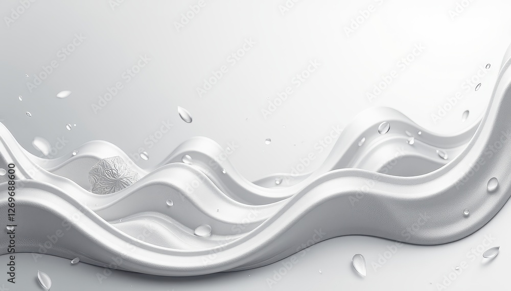 Poster Dynamic 3D Rendering: Glossy White Liquid with Suspended Water Droplets  Captivating Visuals. A realistic 3D rendering of water droplets on a surface.