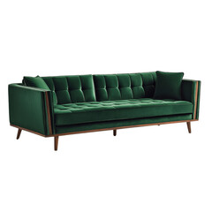 Obraz premium Luxurious green velvet sofa with tufted design and wooden legs, perfect for modern living spaces. This stylish piece adds elegance and comfort to any room