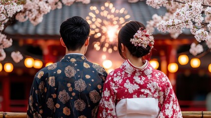 Obraz premium A couple in traditional Japanese attire stands beneath cherry blossoms, enjoying a festive atmosphere with lanterns and fireworks in the background.