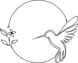Elegant Hummingbird Line Art Floral Circle Design, Nature Symbol