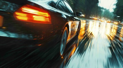 Obraz premium Dynamic Scene of Car Speeding Down Rainy Street at Dusk